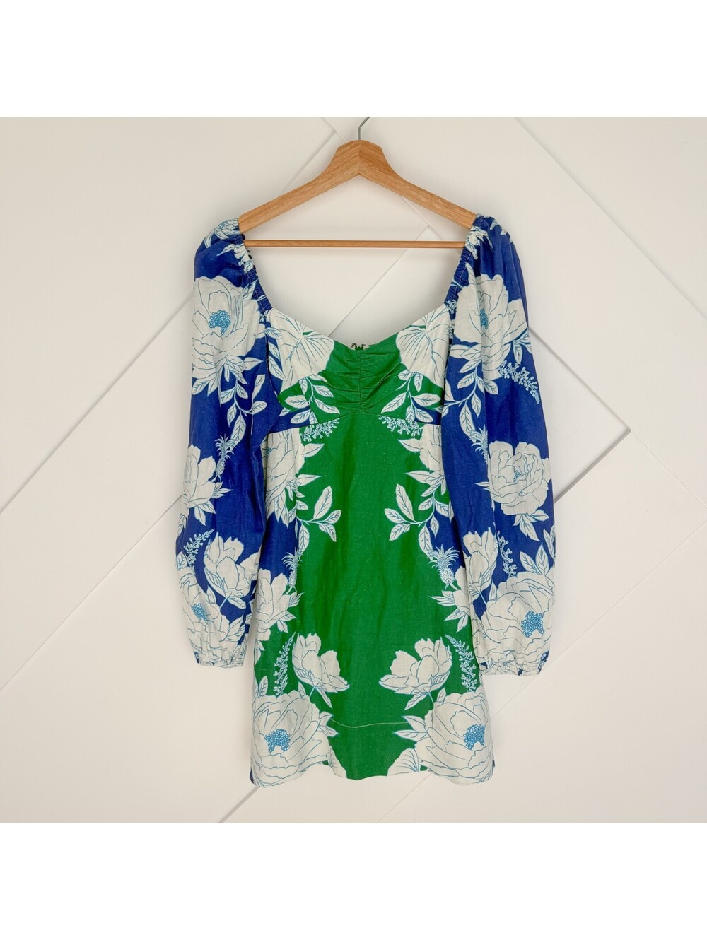 FARM Rio Floral Long Sleeve Mini Vacation Dress Linen Blue and Green, Size M